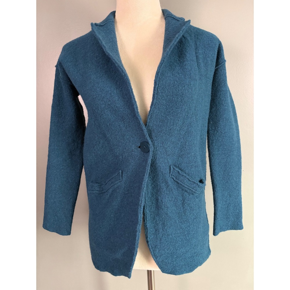 Eileen Fisher‎ Boiled Merino Wool Cardigan Jacket Womens XS Teal Blue Lagenlook
